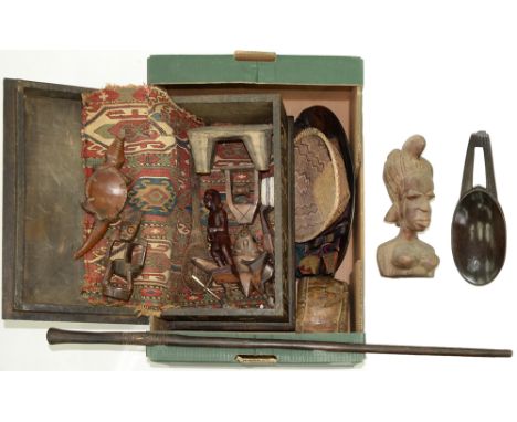 Tribal art. A collection of African and other carved wood figures, bust, box, cane, vessel, woven basket, drum and a woven te