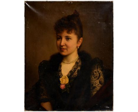 Robert Beielstien (1859-1933) - Portrait of a Young Woman, in black lace with roses and jewellery, signed and dated 1891, oil