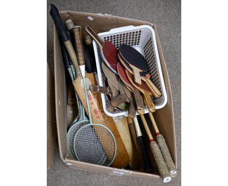 Vintage sporting equipment, including cricket bats, badminton racquets, etc  