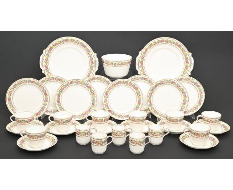 A Staffordshire bone china tea and coffee service, c1875, printed and painted with floral border, the rims and handle gilt, t