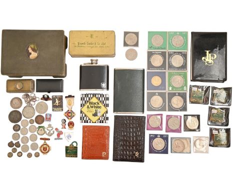 Miscellaneous British coins, including 1797 'Cartwheel' penny, 1819 Crown, later commemorative coins, enamel badges, masonic 