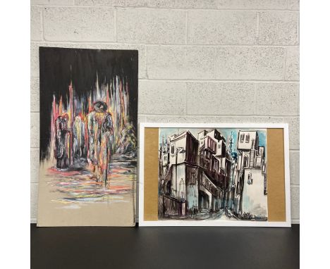 Two contemporary artworks to include an abstract figural pastel study on board and an ink and wash street scene by Yossi Ster