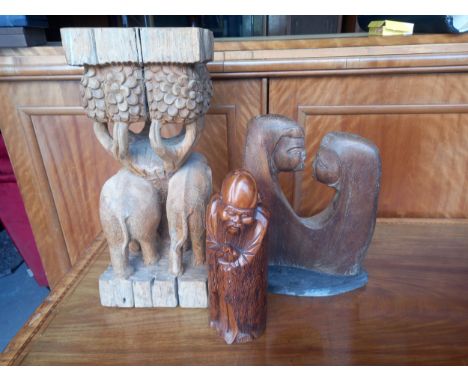 Three items to include a 20th century Eastern teak stool carved with a figure group of elephants along with a mid century mod
