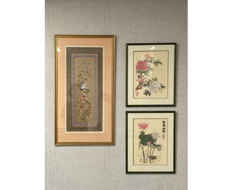 A collection of three Chinese silk embroideries to include one depicting birds, insects and trees over a mushroom ground in a