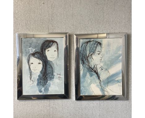 Bernard Dufour (1922-2016), two stylised acrylic portrait paintings on board, signed to the lower right and framed as a pair.