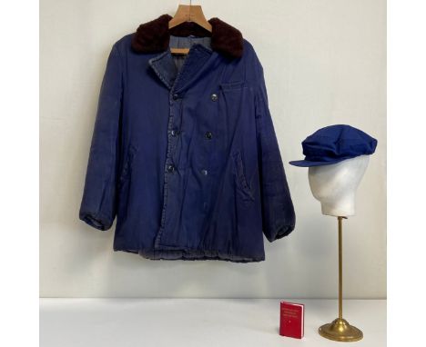 A 1950's Chinese Communist Party issue thick padded utility winter coat and hat with label. L.87 W.56cm