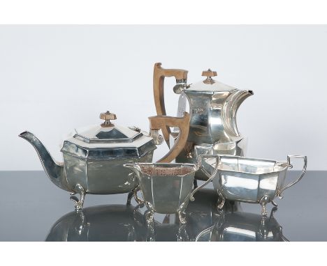 SILVER FOUR PIECE TEA SERVICE
maker Viner's Ltd., Sheffield 1940, hot water pot and sugar 1941, of octagonal form, approximat