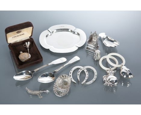 COLLECTION OF SMALL SILVER ITEMS
including a pin dish, 12.5cm long; a pair of novelty lucky horseshoes, a cat and a bird baby