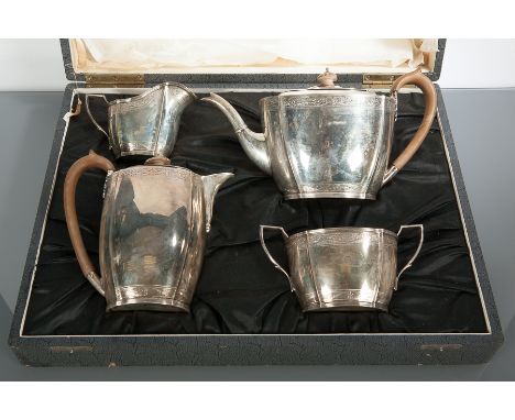 SILVER FOUR PIECE TEA SERVICE
maker Nayler Brothers, London 1946, with engraved floral borders, sugar and cream with gilt int