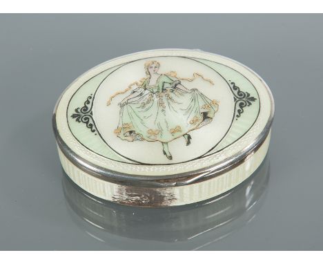 SILVER PILL BOX
stamped 925 for Sterling silver, decorated in guilloché enamel with a dancing girl in 18th century dress, wit