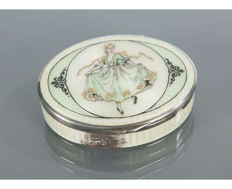 SILVER PILL BOX
stamped 925 for Sterling silver, decorated in guilloché enamel with a dancing girl in 18th century dress, wit