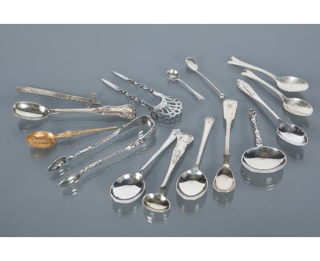 COLLECTION OF SILVER SPOONS, TONGS AND A HAIR COMB 
including salt spoons, caddy spoons, teaspoons, gilt metal coffee spoon, 