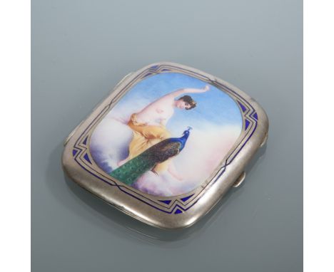 EARLY 20TH CENTURY CONTINENTAL SILVER AND ENAMEL CIGARETTE CASE 
decorated with a partial nude female with one arm raised and