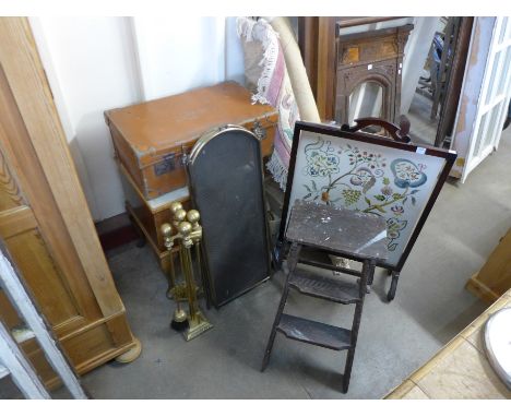A suitcase, a fire screen, Chinese rug, companion set, etc.