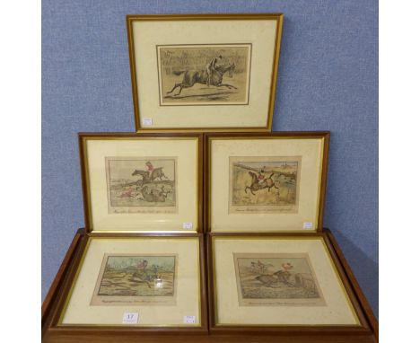 A set of four fox hunting engravings and horse racing engraving