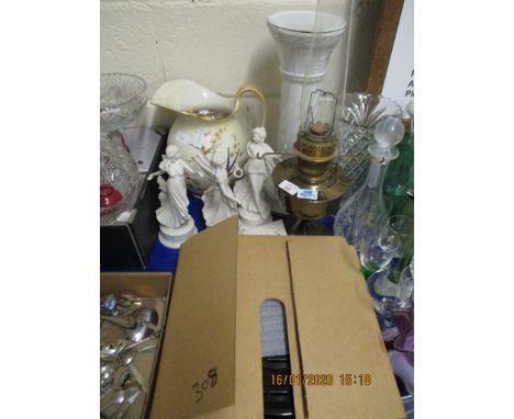 BRASS OIL LAMP, THREE WEDGWOOD FIGURINES, A WATER JUG ETC