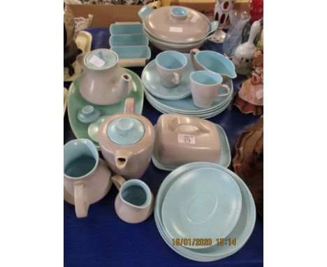 LARGE QUANTITY OF POOLE MUSHROOM AND TURQUOISE DECORATED PART TEA/DINNER WARES