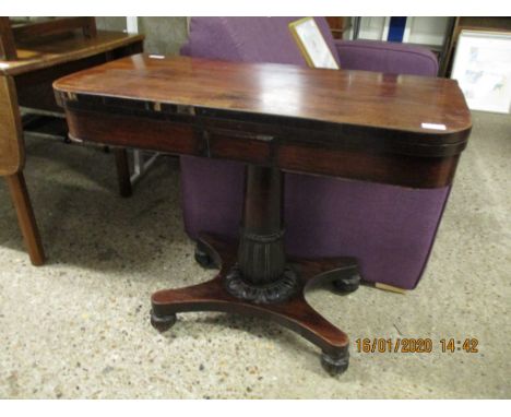 19TH CENTURY ROSEWOOD FOLD-OVER CARD TABLE WITH TURNED COLUMN ON A SPLAYED QUATREFOIL BASE