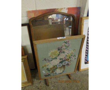 EMBROIDERED OAK FRAMED FIRE SCREEN, AN OAK FRAMED MIRROR AND A PICTURE