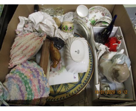 BOX CONTAINING DOLLS, NAO FIGURE OF A CAT WITH BALL OF STRING ETC