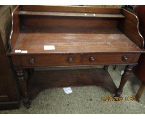 VICTORIAN MAHOGANY SIDE TABLE WITH TWO DRAWERS WITH OPEN SHELF WITH TURNED KNOB HANDLES 