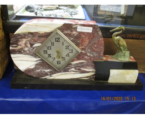 ART DECO MARBLE MANTEL CLOCK WITH SPELTER MOUNTED STORK