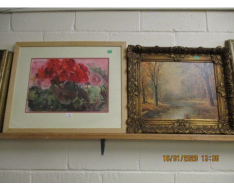 SIGNED WATERCOLOUR BY DIANA REEVE AND A GILT FRAMED PRINT (2)
