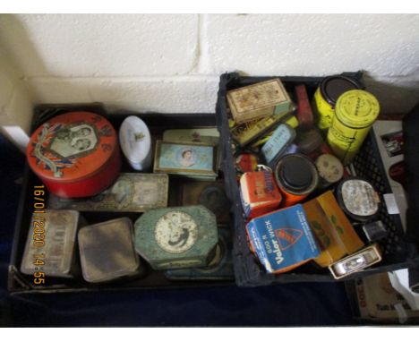 TWO BOXES OF MIXED VINTAGE TINS ETC