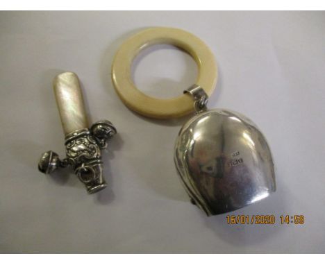 MIXED LOT: COMPRISING GEORGE V SILVER AND IVORY CHILD'S TEETHING RING MOUNTED WITH COW BELL TYPE ATTACHMENT, (LACKING CLAPPER