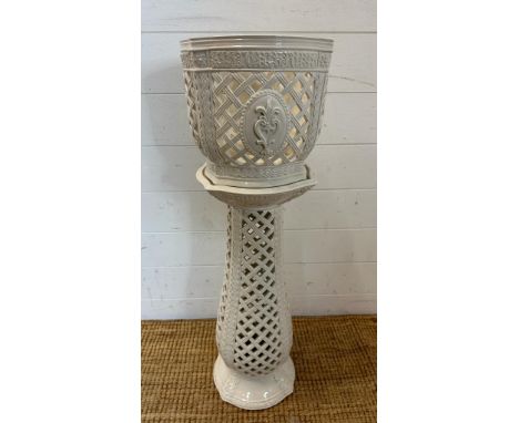 An Italian white ceramic pierced plant stand and planter (H82cm Dia 25cm)