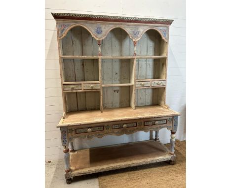 A French kitchen style painted dresser, six shelves and two drawers over and three drawers and shelf under AF (H200cm W152cm 