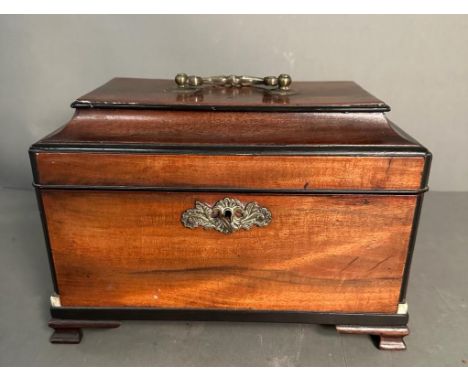 A rosewood tea caddy on block feet with brass handle and key 
