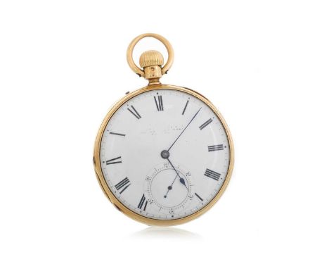 OPEN FACE POCET WATCH BY ANDREW CHRISTIE, EIGHTEEN CARAT GOLD   the round dial with Roman hour markers, 50mm case, the moveme