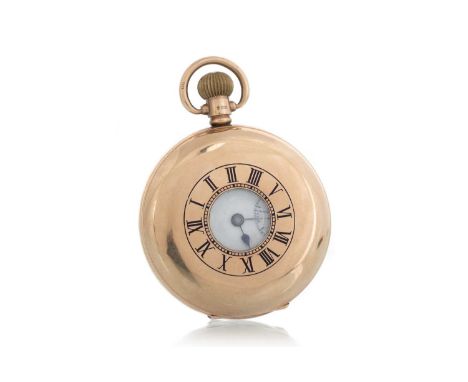 NINE CARAT GOLD HALF HUNTER POCKET WATCH, the round dial with Roman hour markers, enamel chapter ring to the outer casing, 45