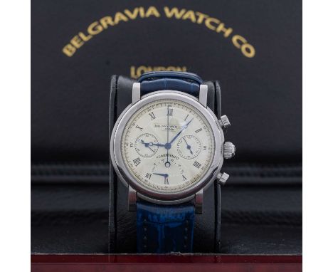 BELGRAVIA WATCH CO, STAINLESS STEEL POWERTEMPO CHRONOGRAPH MANUAL WIND WRIST WATCH limited edition of 500, the round engine t