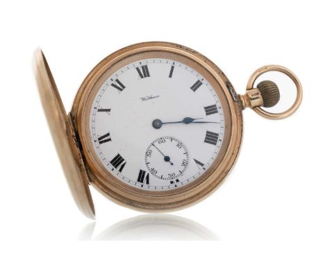 WALTHAM, NINE CARAT GOLD HUNTER CASED POCKET WATCH the round enamel dial with Roman hour markers, 55mm caseQty: 122.2gNot tic