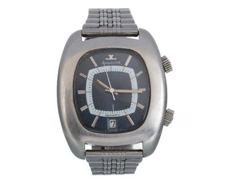 JAEGER LECOULTRE, CALENDAR ALARM STAINLESS STEEL WRIST WATCH  the cushion dial with baton hour markers, rotating central alar