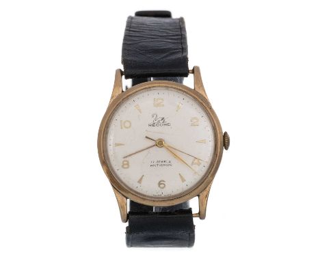 RECORD, MANUAL WIND WRIST WATCH the round dial with Arabic and wedge hour markers, 31mm case, unmarked, on a black leather st