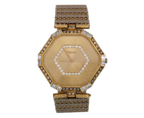 DELANEAU, EIGHTEEN CARAT GOLD AND DIAMOND MANUAL WIND WRIST WATCH the champagne dial with central diamond set section, with d