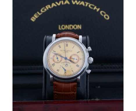 BELGRAVIA WATCH CO, STAINLESS STEEL POWERTEMPO CHRONOGRAPH MANUAL WIND WRIST WATCH limited edition of 500, the round engine t