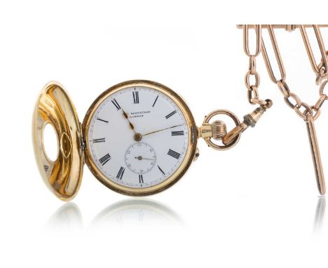 EIGHTEEN CARAT GOLD HALF HUNTER POCKET WATCH, the enamel dial with Roman hour markers, enamel chapter ring to the outer casin