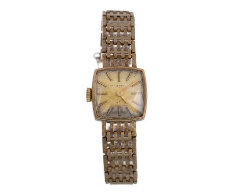 NINE CARAT GOLD MANUAL WIND WRIST WATCH, the square dial with baton hour markers, 17mm case, on a nine carat gold bracelet, l