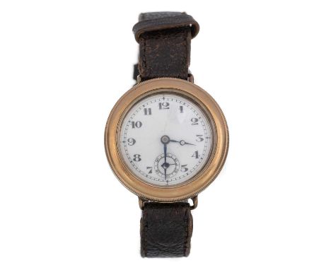 NINE CARAT GOLD MANUAL WIND WRIST WATCH, the round dial with Arabic hour markers, outer seconds track and subsidiary dial, th