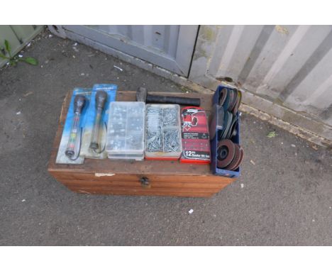 Assortment of tools and bits, grinding disk, anti freeze testers, 