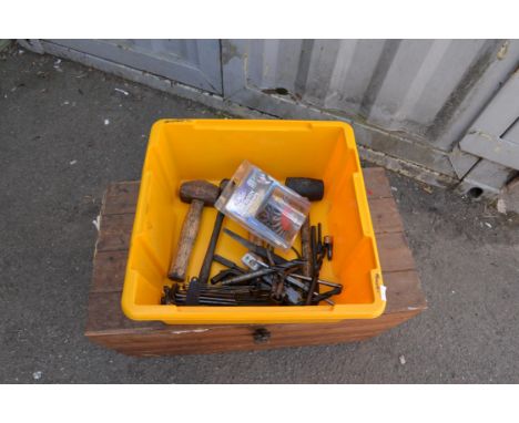 Assortment of tools, mallet, club hammers, drill bits, Allen keys and car body brush. 