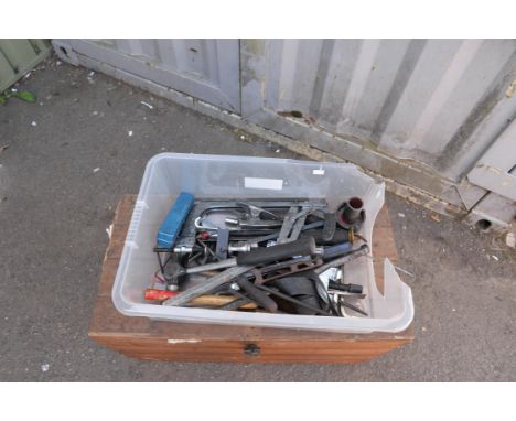 An assortment of tools, to include Stanley lump hammer, impact driver and 1 big metal clamp.