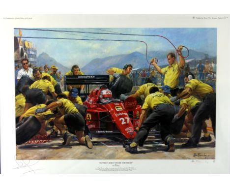 Alan Fearnley, Coloured reproduction print, " Mansell's Debut Victory  For Ferrari", signed, together with registration certi