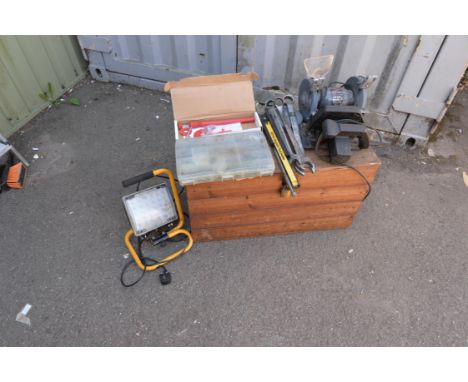 Selection of ribbits, light, sharpening bench grinder plus 2 spare wheels, circular saw, leaver bar, chrome spanners (2205, 1