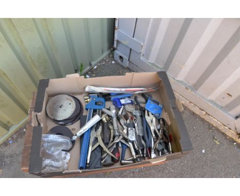 Box of mole grips, draper wrench and other tools. 
