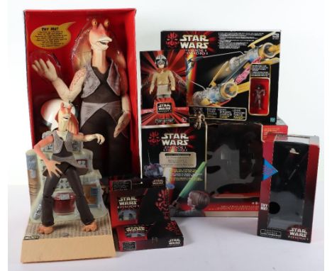 Selection of Star Wars related items, including, large scale Jar jar binks wake-up system untested, one boxed and unboxed Ana